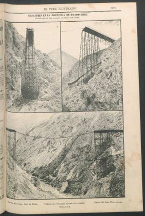 Desastres en la provincia de Huarochiri. [Vistas del] Ferro-carril del Callao al Cerro de Pasco. : [1.] Estribo del Oeste - Visto de frente. - [2.] Estribo del Este - Visto de lado. - [3.] Viaducto de "Verrugas" después del siniestro. (Photo. J. B. M.)