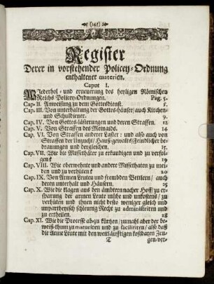 Register Derer in vorstehender Policey-Ordnung enthaltener materialien.