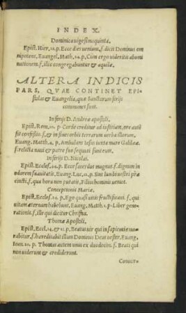 Altera Indicis Pars, Quae Continet Epistolas et Evangelia, quae Sanctorum feriis communes sunt.