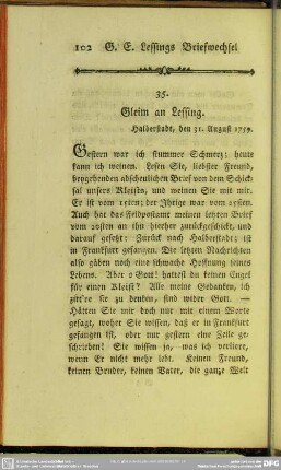 35. Gleim an Lessing. Halberstadt, den 31. August 1759