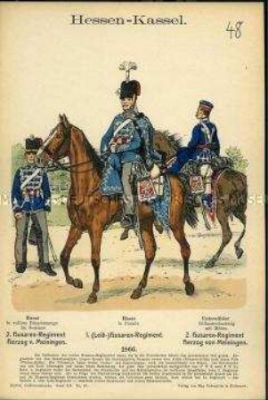 Uniformdarstellung, Husar und Unteroffizier des 2. Husaren-Regiments, Husar des 1. (Leib-)Husaren-Regiments, Kurfürstentum Hessen-Kassel, 1866.