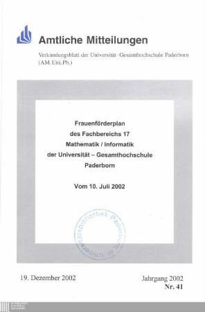 Frauenförderplan des Fachbereichs 17 Mathematik / Informatik der Universität-Gesamthochschule Paderborn : vom 10. Juli 2002