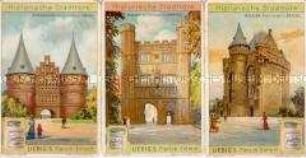 Sammelbilder der Serie "Historische Stadttore"; mit Werbung für für Liebigs Fleischbrühe; 1908