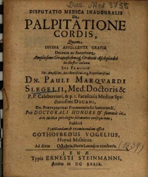 Disputatio Medica Inauguralis De Palpitatione Cordis