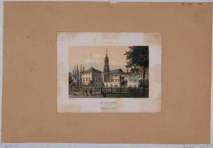 Die Kreuzkirche in Dresden von Südosten hinter den Wohnhäusern an der Ringstraße