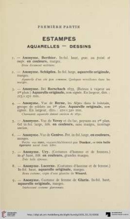 Première Partie. Estampes – Aquarelle – Dessins (Nr. 1-548)