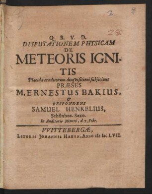 Disputationem Physicam De Meteoris Ignitis