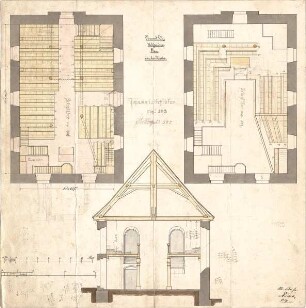 Dolmetsch, Heinrich; Holzhausen; Ev. Filialkirche, Renovierung - Grundriss EG, Querschnitt; Empore (Grundriss)