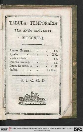 Tabula Temporaria pro anno sequenti MDCCXCVI