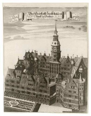Das kurfürstliche Residenzschloss in Dresden aus der Vogelperspektive von Süden, aus: Weck’sche Chronik, Nr. 12, p. 30