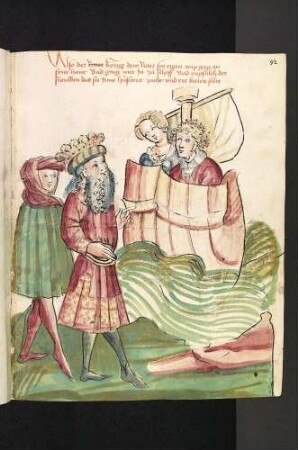 Die Geschichte von der Königin im Turm (Inclusa): Der König verabschiedet den mit einem Schiff abreisenden Ritter und seine Frau