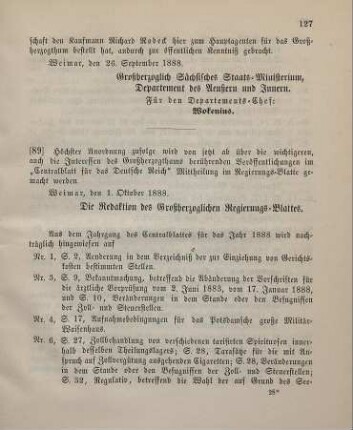 89. Inhaltsverzeichnis aus dem Centralblatt für das Deutsche Reich