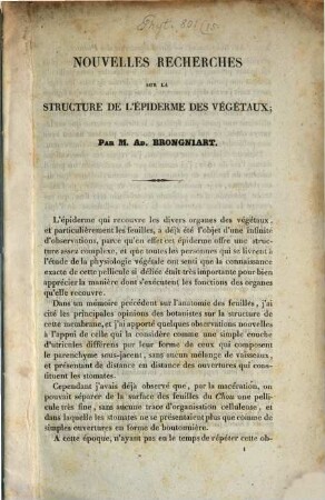 Nouvelles recherches sur la structure de l'épiderme des végétaux