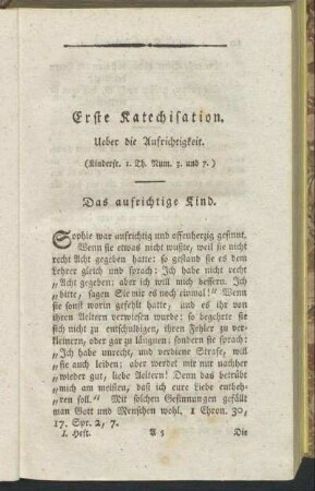 Erste Katechisation. Ueber die Aufrichtigkeit.
