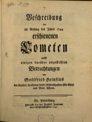 Beschreibung des im Anfang des Jahrs 1744 erschienenen Cometen : nebst einigen darüber angestellten Betrachtungen