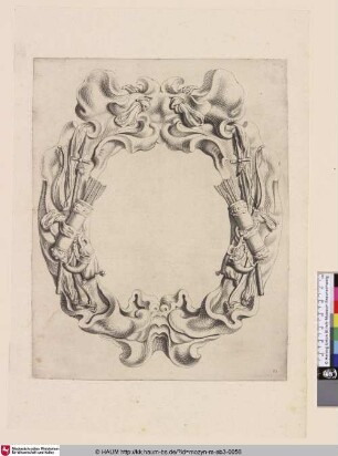 [Kartusche mit Köchern und Speeren; Cartouche met kwabornament met jachttrofeeën]