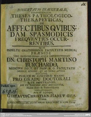 Dissertatio Inauguralis, Comprehendens Theses Pathologico-Therapeuticas De Affectibus Quibusdam Spasmodicis Frequentius Occurrentibus