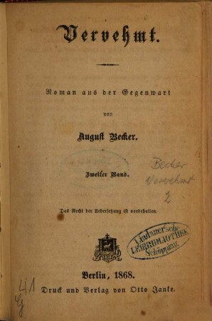 Vervehmt : Roman aus der Gegenwart von August Becker, 2