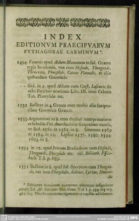 Index Editionum Praecipuarum Pythagorae Carminum