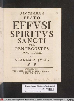 Programma Festo Effvsi Spiritvs Sancti Vel Pentecostes Anno MDCCXX. In Academia Jvlia P. P
