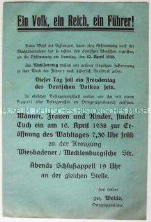 Propagandaflugblatt zur Volksabstimmung vom 10. April 1938