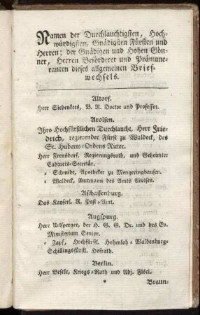 Namen derer Durchlauchtigsten, Hochwürdigsten, Gnädigsten Fürsten und Herren; der Gnädigen und Hohen Gönner, Herren Beförderer und Pränumeranten dieses allgemeinen Briefwechsels.