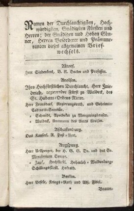 Namen derer Durchlauchtigsten, Hochwürdigsten, Gnädigsten Fürsten und Herren; der Gnädigen und Hohen Gönner, Herren Beförderer und Pränumeranten dieses allgemeinen Briefwechsels.