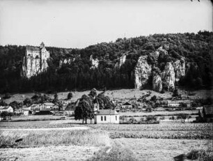 Stadt : Schloß auf einer Bergkuppe, im Tal eine Stadt zwischen Feldern.