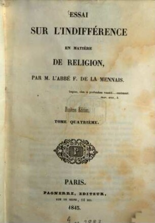 Essai sur l'Indifférence en matière de religion, 4