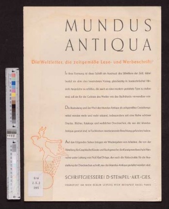 Mundus Antiqua : die Weltletter, die zeitgemäße Lese- und Werbeschrift