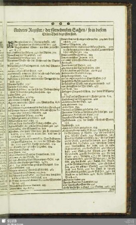 Anderes Register, der fürnehmsten Sachen, so in diesem Ersten Theil begriffen sind