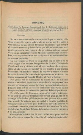 Discurso del Profesor de Derecho Internacional Don J. Guillermo Guerra en la velada de la Universidad de Chile ...