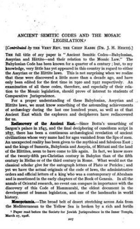 Ancient Semitic Codes and the Mosaic legislation / contributed by the Very Rev, the Chief Rabbi (J. H. Hertz)