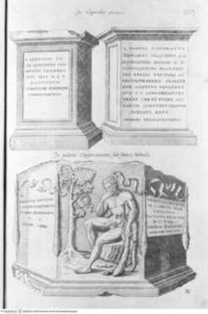 Topographia Urbis Romae, Das ist: Eigentliche Beschreibung der Stadt Rom ..., 4. Tafel X 103 zwischen Seite 32 und 33: Grabsteine, einer mit Hercules im Garten der Hesperiden (nach der Antike)