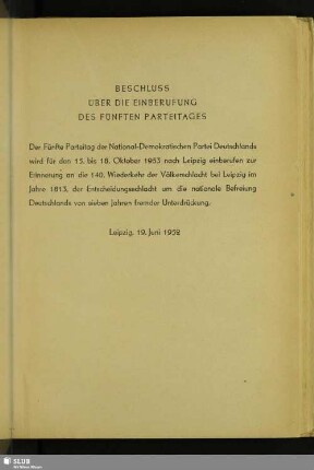Beschluss Über Die Einberufung Des Fünften Parteitages