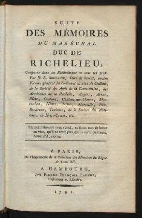 Suite Des Mémoires Du Maréchal Duc De Richelieu, Composés dans sa Bibliothèque et sous ses yeux