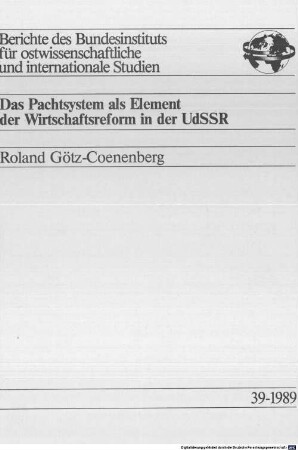Das Pachtsystem als Element der Wirtschaftsreform in der UdSSR