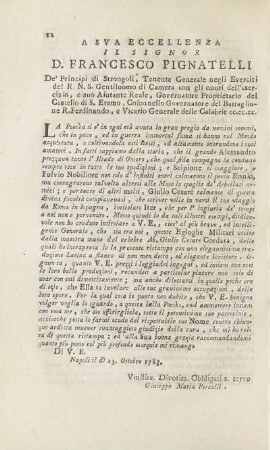 A Sva Eccellenza Il Signor D. Francesco Pignatelli