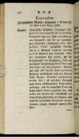Extractus. Herzoglichen Rennt-Cammer- Protocolli de dato 11ten May 1770.