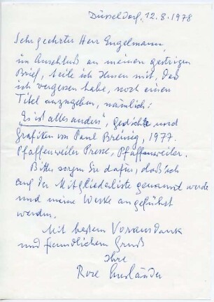 Korrespondenz von Rose Ausländer an Bernt Engelmann