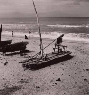 Recife, Jangada, hochseetüchtiges Segelfloß, am Strand, um 1960