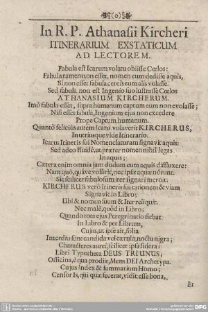 In R.P. Athanasii Kircheri Itinerarium Exstaticum Ad Lectorem.