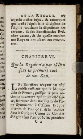 Chapitre VI. Que la Regale n'a pas eû lieu sous la premiere race de nos Rois.