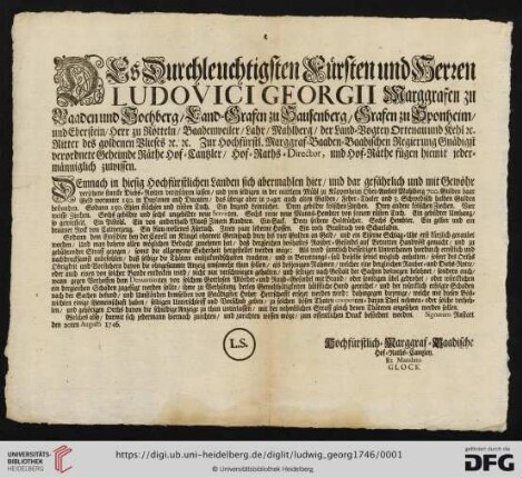 Des Durchleuchtigsten Fürsten und Herren Ludovici Georgii Marggrafen zu Baaden und Hochberg, [...]
