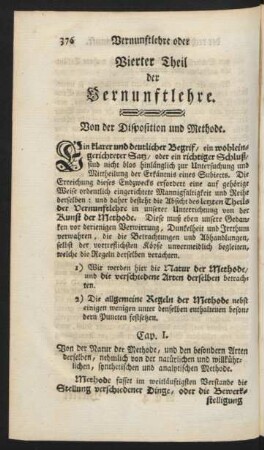 Vernunftlehre oder Vierter Theil der Vernunftlehre. Von der Disposition und Methode.