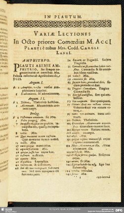 Variae Lectiones In Octo priores Comoedias M. Acci Plauti e tribus Mss. Codd. Caroli Langi[i]