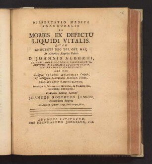 Dissertatio Medica Inauguralis De Morbis Ex Defectu Liquidi Vitalis