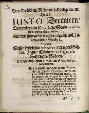Dem Woledlen, Vesten und Hochgelartem Herrn Justo Deventern [...]