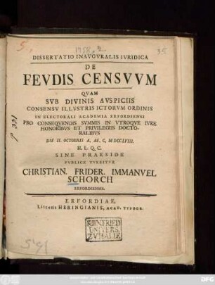 Dissertatio Inavgvralis Ivridica De Fevdis Censvvm