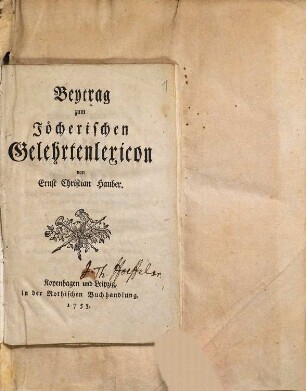 Beytrag zum Jöcherischen Gelehrtenlexicon